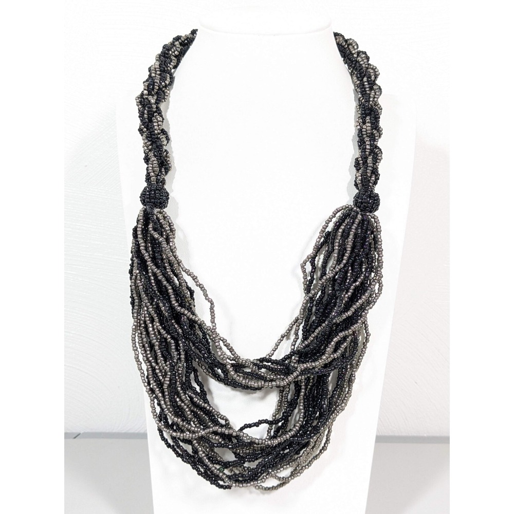 Black Gray Multi Strand Glass Bead Braided Statement Necklace Boho 22"